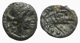 Italy, Northern Lucania, Paestum, c. 218-201 BC. Æ Sextans (13mm, 1.88g, 12h). Head of Ceres r. R/ Forepart of boar r.; two pellets below. Crawford 5/...