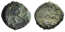 Italy, Northern Lucania, Paestum, early 1st century BC. Æ Semis (14mm, 4.13g). Boar standing r., wounded by spear; S (mark of value) below. R/ Lituus ...