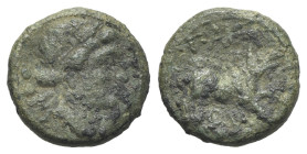 Italy, Northern Lucania, Paestum, c. 218-201 BC. Æ Sextans (15mm, 2.63g, 12h). Female head r.; two pellets behind. R/ Boar running r.; Q and monogram ...