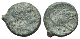 Italy, Northern Lucania, Paestum, 218-201 BC. Æ Sextans (18mm, 3.57g, 6h). Female head r. R/ Forepart of boar r. Crawford, Paestum 12/1; HNItaly 1218....
