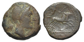 Italy, Bruttium, The Brettii, c. 211-208 BC. Æ Half Unit (16mm, 3.26g, 6h). Diademed and winged bust of Nike r. R/ Zeus driving biga r.; plow below. H...