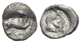 Sicily, Segesta, c. 380 BC. AR Litra (14mm, 0.91g, 9h). Hound springing r. R/ Head of Aigiste r. HGC 2, 1155. Holed, Fine