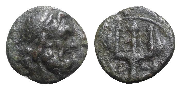 Sicily, Syracuse, c. 214-200 BC. Æ (12mm, 1.52g, 6h). Diademed head of Poseidon ...