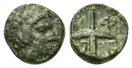 MACEDON. Amphipolis. c. 410-357 BC. Æ Dichalkon (10,5mm, 1.40g).Head of Rhesos (founder of Amphipolis) to right, wearing taenia. R/ A-M-Φ-I Lighted ra...