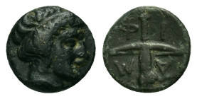 Macedon. Amphipolis. c. 410-357 BC. Æ Dichalkon (10mm, 1.15g). Head of Rhesos (founder of Amphipolis) to right, wearing taenia. R/ A-M-Φ-I Lighted rac...