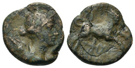 Macedon, Amphipolis, c. 187-31 BC. Æ (16,3mm, 3.45g). Head of Artemis r.; at her shoulder, bow and quiver. R/ Bull bounding r. SNG Copenhagen 72.