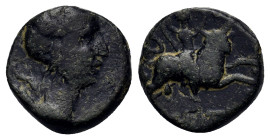 Macedon, Amphipolis, c. 187-168/7 BC. Æ (12,8mm, 2.4g). Draped bust of Artemis right; bow and quiver over shoulder. R/ Artemis Tauropolos riding bull ...