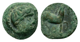 Macedon. Bisaltai (405 BC). Æ 11mm (1,20g.). Head or Rhesos (founder of Amphipolis) righ. R/ Horse. Unpublished. Good VF and extremely rare
