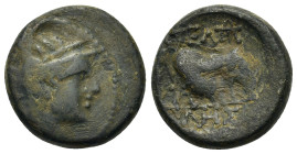 Macedon, Pella, c. 187-168 BC. Æ (17,6mm, 6.05g). Helmeted head of Athena r. R/ Cow grazing r. SNG Copenhagen 273.