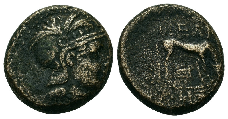 Macedon, Pella, c. 187-168 BC. Æ (17,4mm, 6.95g). Helmeted head of Athena r. R/ ...