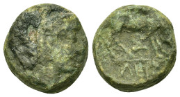 Macedon, Pella, c. 187-168/7 B.C. Æ (14,7mm, 5.55g). Helmeted head of Athena r. R/ Cow grazing r.;SNG ANS 608-9 var. (monograms); SNG Copenhagen 266-7...
