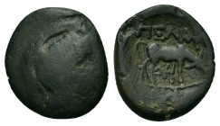 Macedon, Pella, c. 187-168 BC. Æ (20,8mm, 5.85g). Helmeted head of Athena right. R/ Ox grazing r. SNG ANS 601.