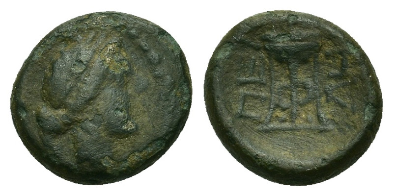 Macedon, Pella, c. 187-31 BC. Æ (15mm, 4.16g). Laureate head of Apollo r. R/ Tri...