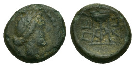 Macedon, Pella, c. 187-31 BC. Æ (15mm, 4.16g). Laureate head of Apollo r. R/ Tripod. SNG Copenhagen 264; SNG ANS 596.