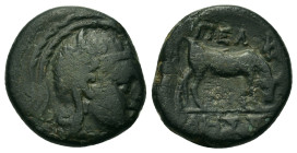 Macedon, Pella, after 148 BC. Æ 18,5mm. (6,50g.). Helmeted head of Athena to right. R/ Ox grazing to right; ΠΕΛ above, ΛΗΣ in exergue. SNG ANS 598-617...