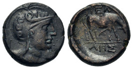 Macedon, Pella, after 148 BC. Æ 18,5mm. (6,95g.) Helmeted head of Athena to right R/ Ox grazing to right; ΠΕΛ above, ΛΗΣ in exergue. SNG ANS 598-617; ...