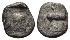 Macedon, Potidaea, c. 450-432 BC. AR Tritemorion (11,5mm, 1.3g). Horse standing right. R/Archaic head of female right within incuse square. HGC 3.1; 6...