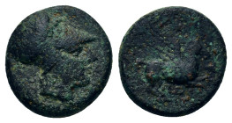 Macedon. Potidaea (380-350 BC). Æ 14,5mm (3,57g.). Head of Athena wearing Corinthian helmet. R/ Pegasos flying right; Π Ο below. Unpublished? VF