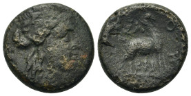 Macedon, Thessalonica, c. 187-31 BC. Æ (18,8mm, 7.77g). Head of young Dionysos r., wreathed in ivy. R/ Goat standing r. BMC 16.