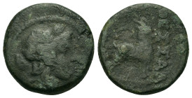 Macedon, Thessalonica, c. 187-31 BC. Æ (17,8mm, 5.36g). Head of young Dionysos r., wreathed in ivy. R/ Goat standing r. SNG ANS 800.