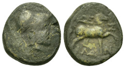 Macedon, Thessalonica, c. 187-31 BC. Æ (16,6mm, 4.46g). Helmeted head of Athena r. R/ Horse prancing r. SNG Copenhagen 360.