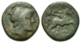 Macedon, Thessalonica, c. 187-31 BC. Æ (15,5mm, 4.4g). Helmeted head of Athena r. R/ Horse prancing r.