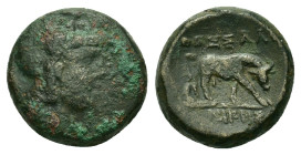 Macedon, Thessalonica, c. 187-131 BC. Æ (16,7mm, 7.9g). Helmeted head of Athena r. R/ Bull grazing r. SNG ANS 794-797; AMNG 12.
