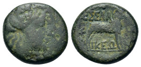 Macedon, Thessalonica, c.187-31 BC. Æ (18mm, 6.3g). Head of Dionysus r. with ivy wreath. R/ Goat standing r. SNG Copenhagen 347.