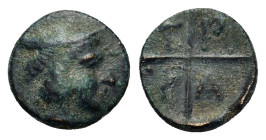 Macedon, Tragilos (405-390 BC). Æ 9mm (0,75g.). Head of Hermes to right, wearing petasos R/ T-P-A-I within four segments around central pellet. AMNG I...