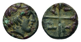 Macedon, Tragilos (405-390 BC). Æ 9mm (0,70g.). Head of Hermes to right, wearing petasos R/ T-P-A-I within four segments around central pellet. AMNG I...