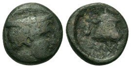 Macedon, Tragilos, c. 400 BC. Æ (14,5mm, 3.55g). Head of Hermes r., wearing petasos / Rose; grape bunch to r. AMNG III/2, 7; HGC 3, 747.