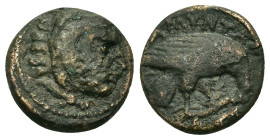 Kings of Macedon. Amyntas III (394/3-370/69 BC). Æ Tetrachalkon (15mm, 3,20g.). Aigai or Pella mint. Head of Herakles right, wearing lion skin. R/ Eag...