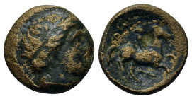 Kings of Macedon. Alexander II (370/69-368/7 BC). Æ (16,6mm, 4.65g). Young male head r., wearing taenia. R/ Horse prancing r. SNG ANS 110-1.