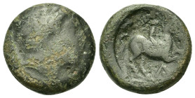Kings of Macedon. Philip II (359-336 BC). Æ Unit (17mm, 6g). Uncertain Macedonian mint. Diademed head of Apollo to r. R/ Youth on horseback to r. HGC ...
