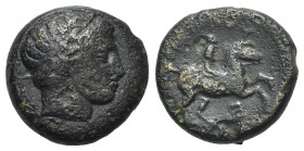 Kings of Macedon, Philip II (359-336 BC). Æ Unit (18mm, 6.84g, 6h). Uncertain mint in Macedon. Head of male r., wearing tainia. R/ Horseman riding r.;...