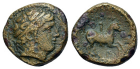 Kings of Macedon. Philip II (359-336 BC). Æ (17,7mm, 6.5g). Miletos, c. 323 BC. Diademed head of Apollo right R/Rider on horse galloping right. Cf. Pr...