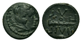 Kings of Macedon. Philip II (359-336 BC). Æ Quarter Unit 11mm (1,26g.). Uncertain mint. Head of Herakles right, wearing lion skin R/ ΦΙΛΙΠ ΠΟΥ Club; Λ...
