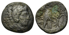 Kings of Macedon. Alexander III (336-323 BC). Æ (16mm, 3.5g). Amphipolis. Head of Herakles r., wearing lion skin. R/ Eagle standing r. on thunderbolt....