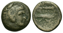 Kings of Macedon. Alexander III (336-323 BC). Æ (16,8mm, 5.65g). Head of Herakles r., wearing lion skin. R/ King's name between bow and case and club....