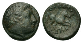 Kings of Macedon. Alexander III (336-323 BC). Æ Half Unit (14,7mm, 4.15g). Uncertain Macedonian mint. Head of male r., wearing tainia. R/ Horse pranci...