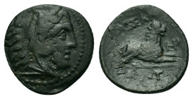 Kings of Macedon. Kassander (316-297 BC). Æ (17,8mm, 3g). Pella(?). Head of Herakles r., wearing lion skin. R/ Lion couchant r.; to right, monogram. H...