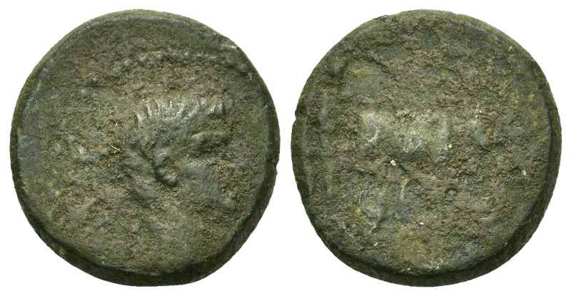 Tiberius (14-37). Macedon, Philippi. Æ (16,9mm, 4.67g). Bare head r. R/ Two prie...