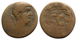 Lucius Verus (161-169). Seleucis and Pieria, Antioch. Æ As (23mm, 9.78g, 12h). Laureate head r. R/ Large S • C; palm frond above, [K]–A flanking, A be...