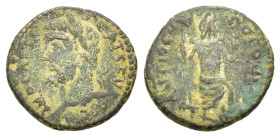 Septimius Severus (193-211). Pisidia, Antioch. Æ (28,5mm, 6.2g). Laureate head l. R/ Mên standing l., l. foot on [bucranium] holding sceptre and Nike;...