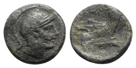 Anonymous, Rome, c. 217-215 BC. Æ Quartuncia (16mm, 2.41g, 11h). Helmeted head of Roma r. R/ Prow of galley r. Crawford 38/8; RBW 103. Good Fine