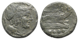 Anonymous, Sardinia, after 211 BC. Æ Triens (20mm, 6.36g, 3h). Helmeted head of Minerva r. R/ Prow of galley r. Crawford 56/4; RBW 207-8. Near VF