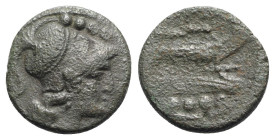 Anonymous, Sardinia, after 211 BC. Æ Triens (20mm, 5.11g, 1h). Helmeted head of Minerva r. R/ Prow of galley r. Crawford 56/4; RBW 207-8. Green patina...