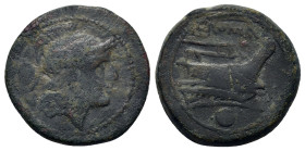 Anonymous, after 211 BC Æ Uncia (20,5mm, 6,10g.) Akarnania mint?. Head of Roma r., wearing Attic helmet. R/ ROMA Prow r.; below, pellet. Sydenham 143e...