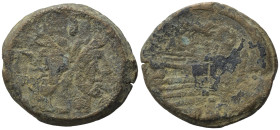 Anonymous, Rome, 206-195 BC. Æ As (31,90 mm, 23,95 g). Laureate head of bearded Janus. R/ Prow of galley r.; above, sow walking right; below, ROMA. Cr...
