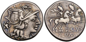 L. Cupiennius, Rome, 147 BC. AR Denarius (18,7 mm, 4 g). Helmeted head of Roma r.; cornucopia behind. R/ The Dioscuri, each holding spear, on horsebac...